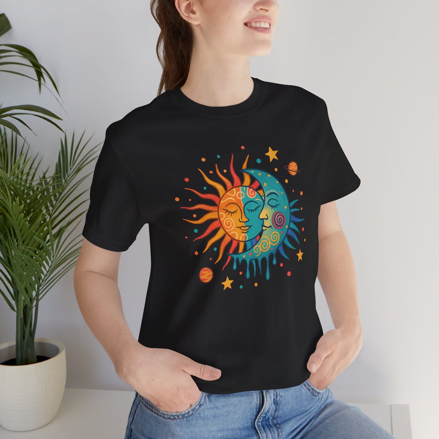 Sun & Moon Boho Graphic Tee — Celestial Retro Sunface T-Shirt