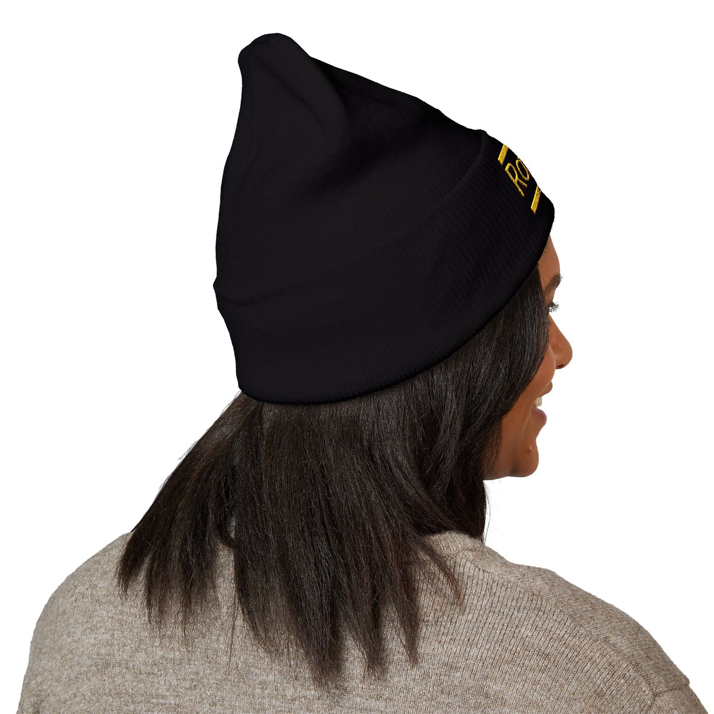 Ravage Embroidered Cuffed Beanie | Gold Logo Knit Hat