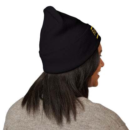 Ravage Embroidered Cuffed Beanie | Gold Logo Knit Hat