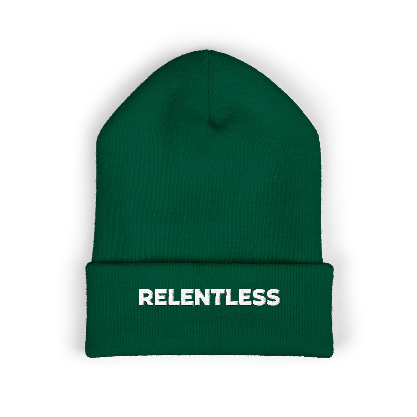 Relentless Embroidered Cuffed Beanie — Bold Motivational Knit Hat