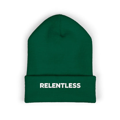 Relentless Embroidered Cuffed Beanie — Bold Motivational Knit Hat