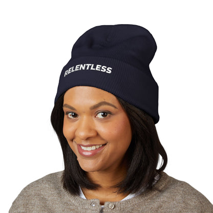 Relentless Embroidered Cuffed Beanie — Bold Motivational Knit Hat