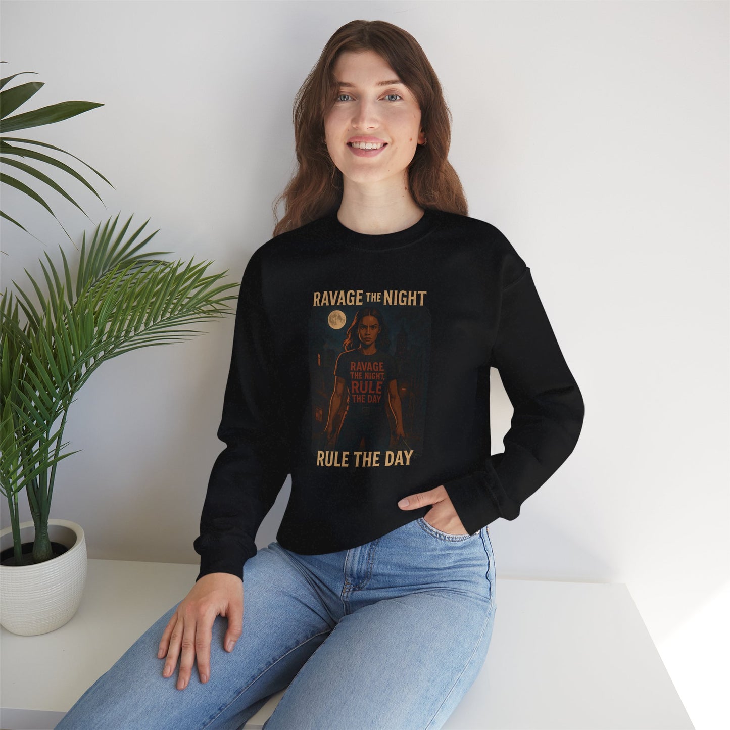 RAVAGE THE NIGHT RULE THE DAY Sweatshirt – Urban Adventure Graphic Sweatshirt, Cool Unisex Streetwear, Casual Wear, Unique Gift