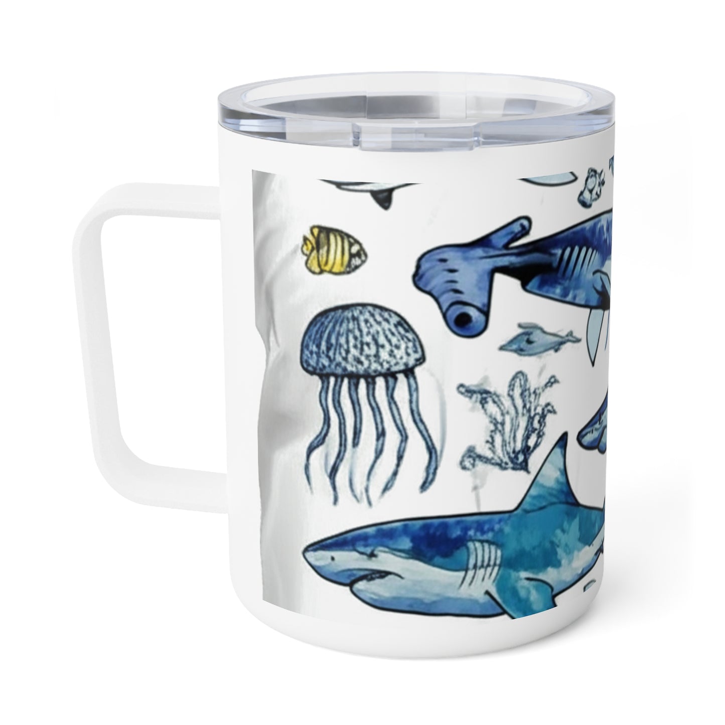 Ocean-Themed Insulated Coffee Mug, Shark and Jellyfish Design