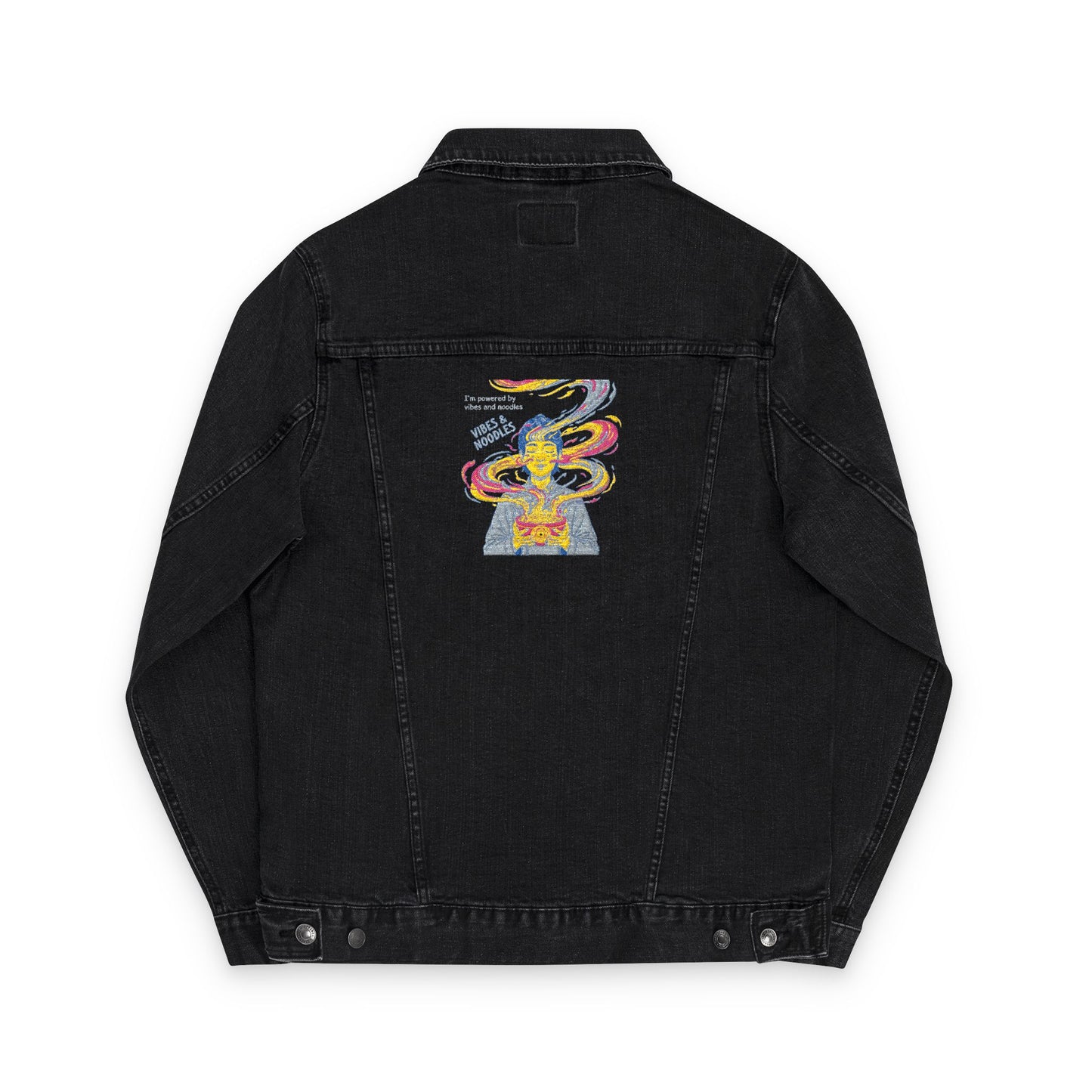 Vibes and Noodles Embroidered Denim Jacket | Unisex Streetwear Jean Jacket | Casual Trendy Outerwear